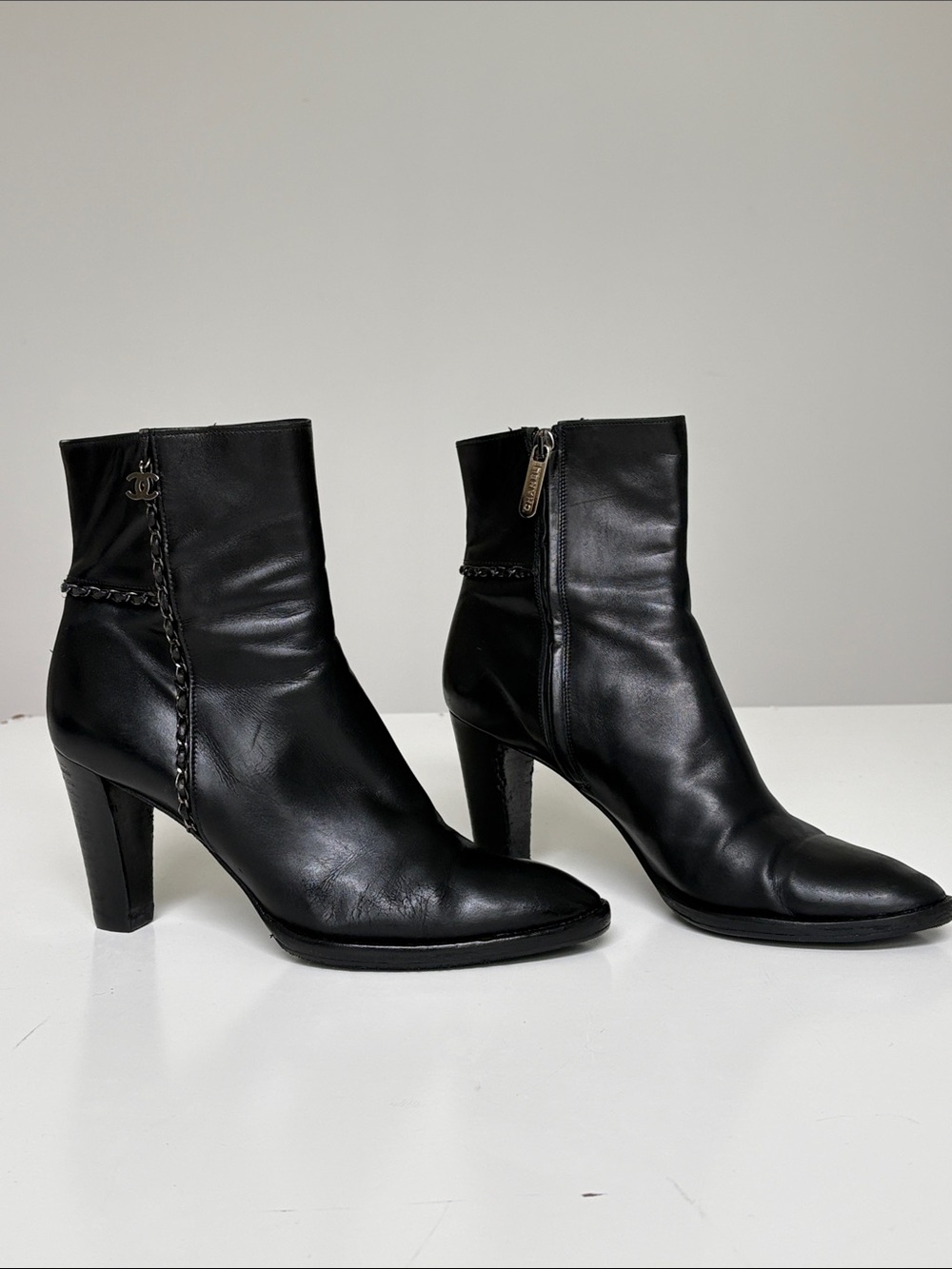 CHANEL Vintage Black Leather Ankle Booties with Chain Detail